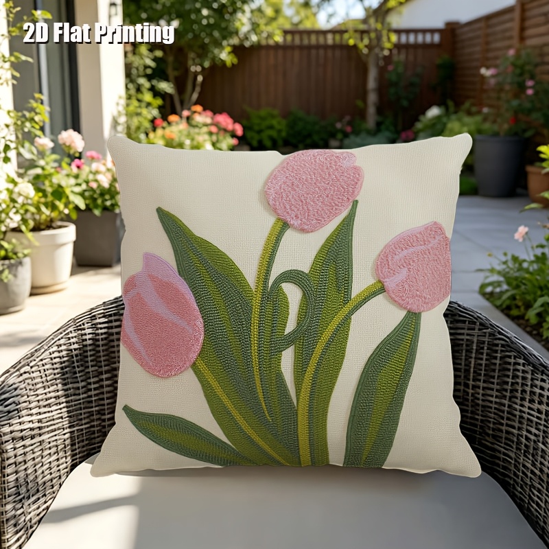 2D Flat,Terrace Cushion Cover,1pc 18X18 Inches Quare Pillow Cover, Embroidery Features Three Pink Tulips with Green Leaves and Stems.,Decoration, Gifts,Valentine Festival Gifts,Outdoor Indoor,Garden Decoration, 2D Flat