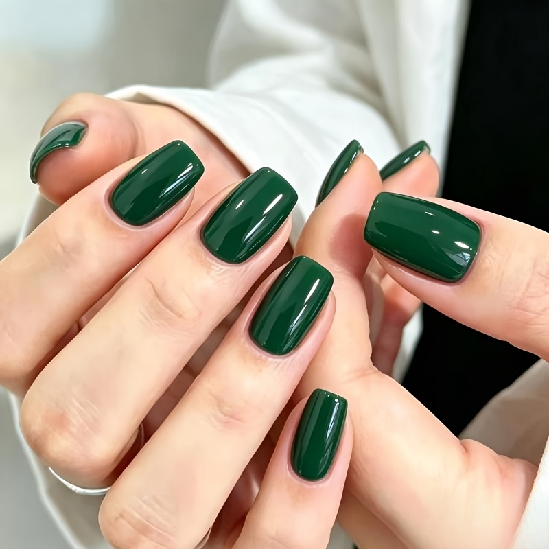TEMU 24pcs Glossy Dark Green Short Square Wearable False Nails, Retro Light Luxury Solid Color False Nails, Women' Banquet Party Reusable Manicure