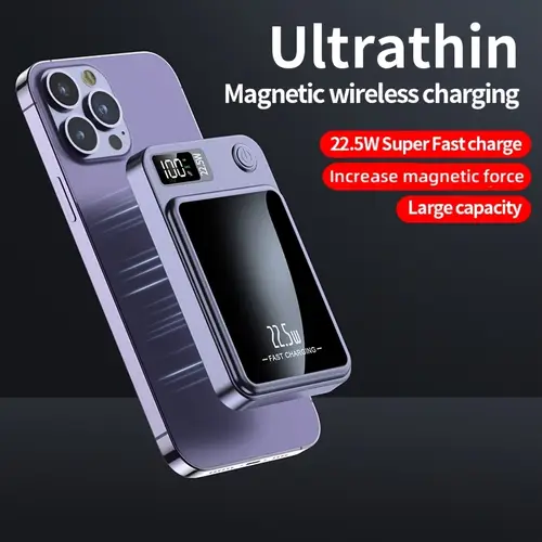 1pc 10000mah portable power bank with magnetic wireless charging 22 5w super fast charge pd20w bi directional fast charging 15w wireless power led power usb type c for iphone 16 15pro 14max and devices rechargeable lithium polymer battery