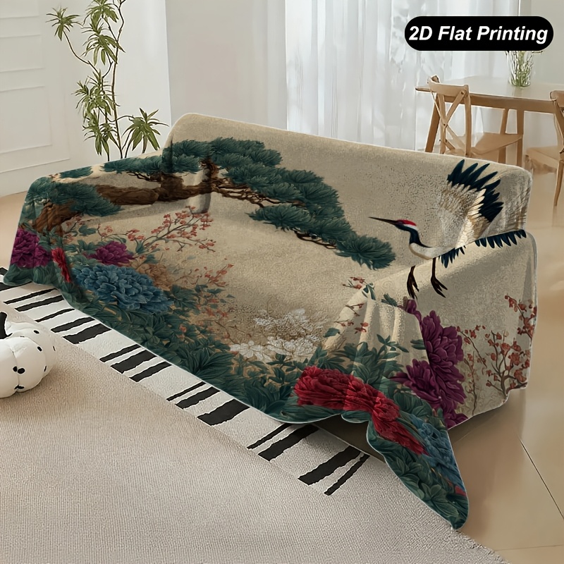 TEMU 1pc Retro Oriental Sofa Cover With Ink Crane & Pine Blossoms - Soft Flannel -piece Suitable For All- Use, Machine Washable Fit For Single To