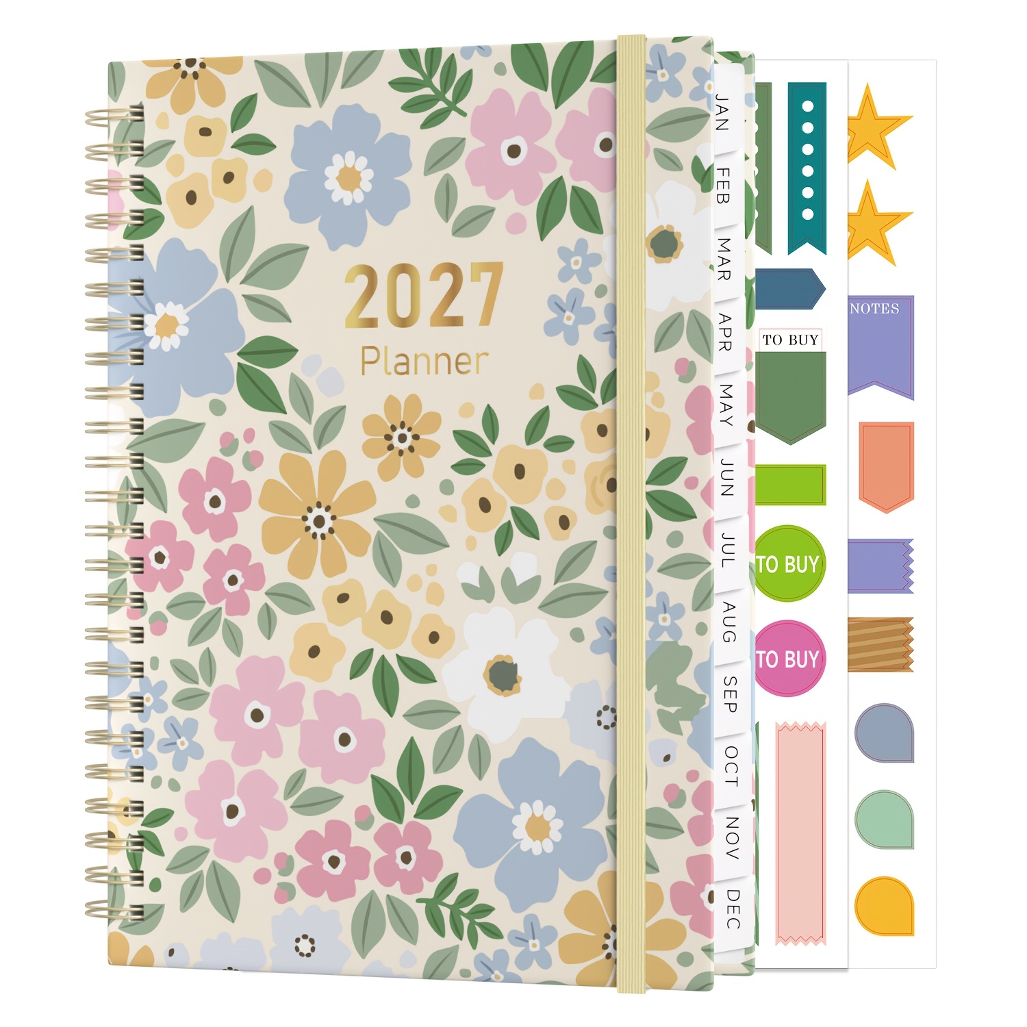 TEMU 1pc 2027 Planner A5 Weekly View With Monthly Tabs, Jan 2027 - Dec 2027, Spiral Bound, Hard Cover, Elastic Band, Double-sided Clear Pocket
