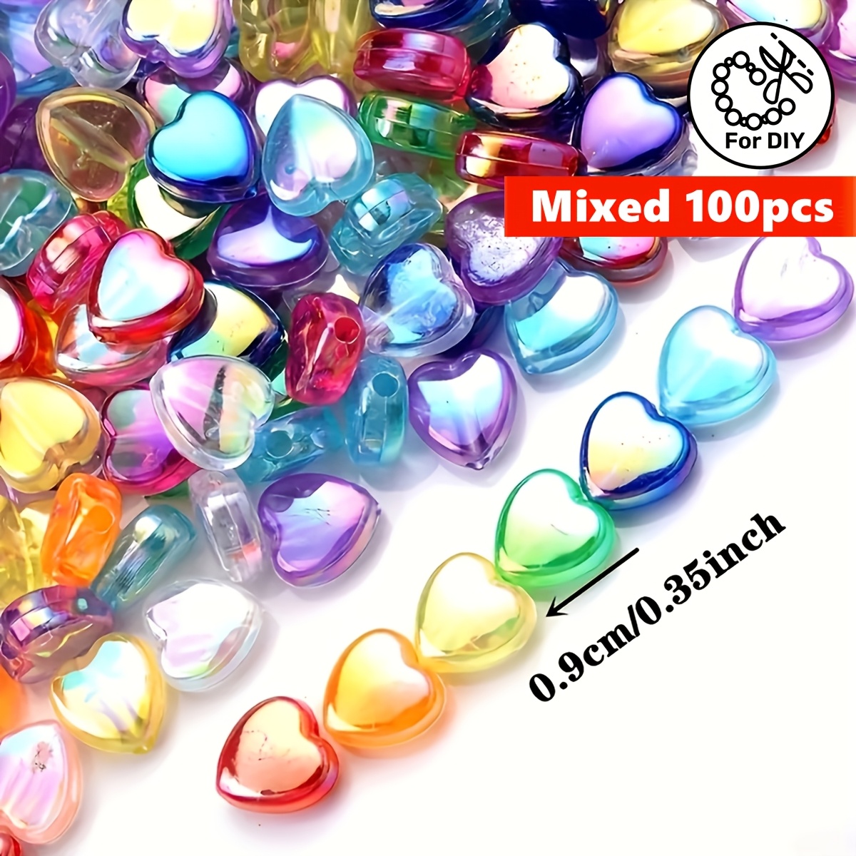 TEMU Lot de 100 perles de cœur colorées , couleur AB mélangée, perles acryliques multicolores pour bracelets, , boucles d'oreilles, bijoux et loisirs