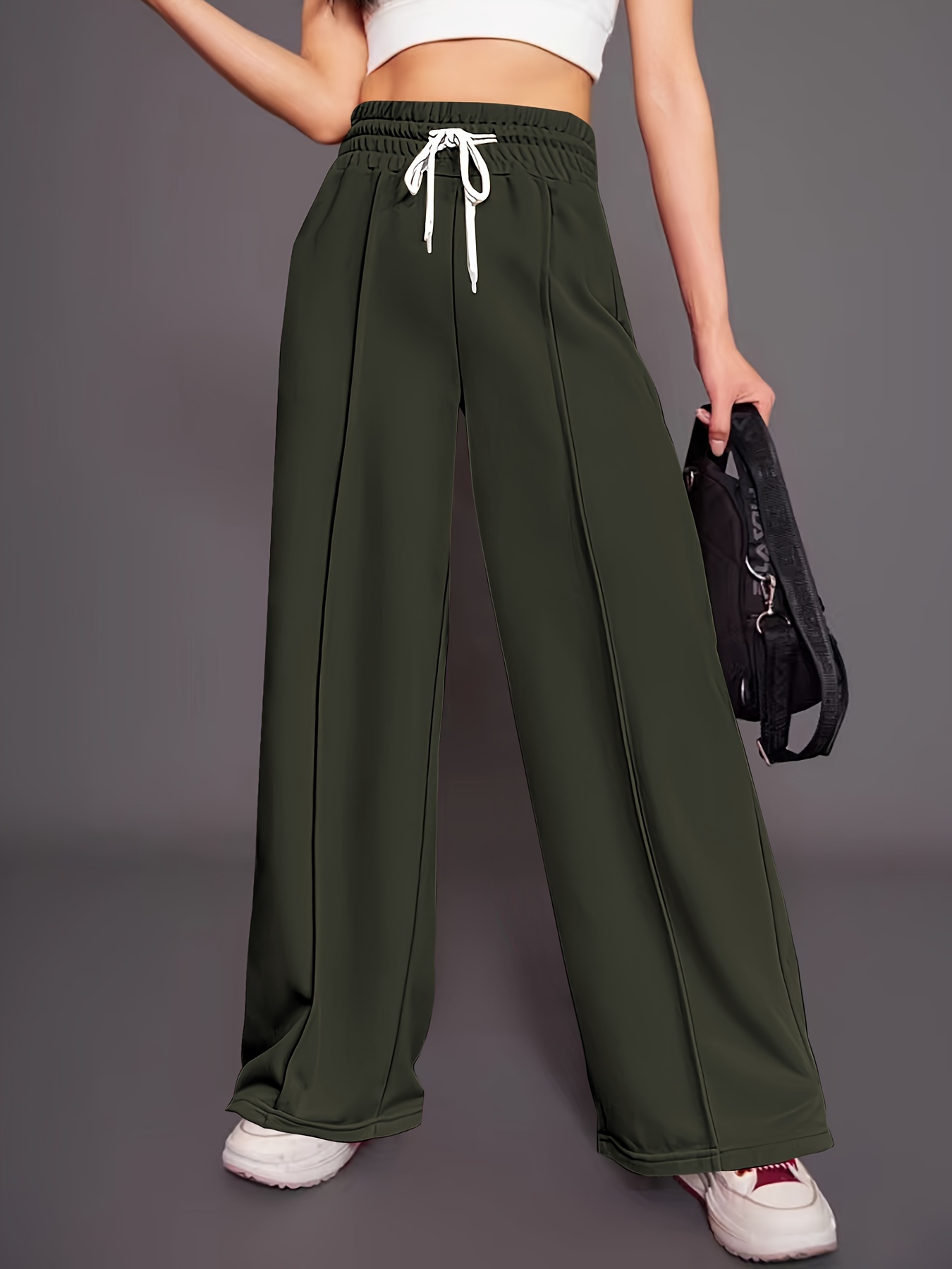 solid drawstring pants casual high waist wide leg pants - Temu