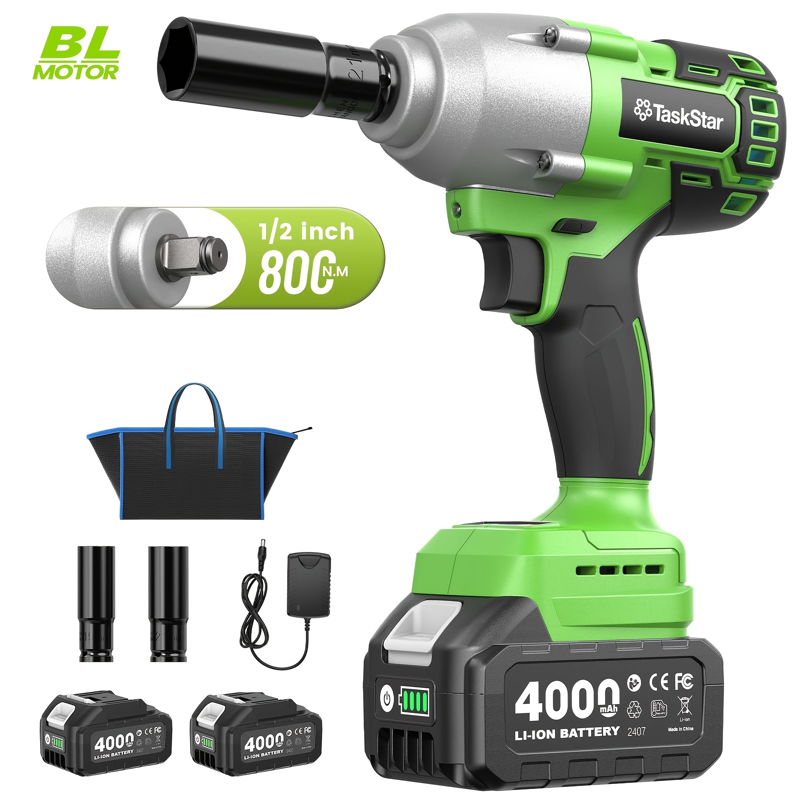 Cordless Impact Wrench1/2 Inch, 800n.m/ 590ft-lbs Electric Impact Gun With Blushless Motor, 2*4000mah Battery, Charger, 5 Sockets, Power Impact Driver For , Tire Repair