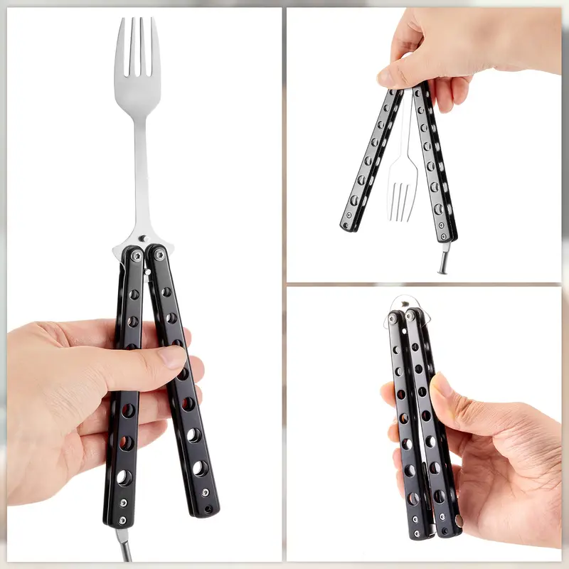 2pcs fork and spoon set stainless steel folding utensils with ergonomic handles compact travel for camping hunting durable portable black camping essentials sleek metallic metal Product details 4