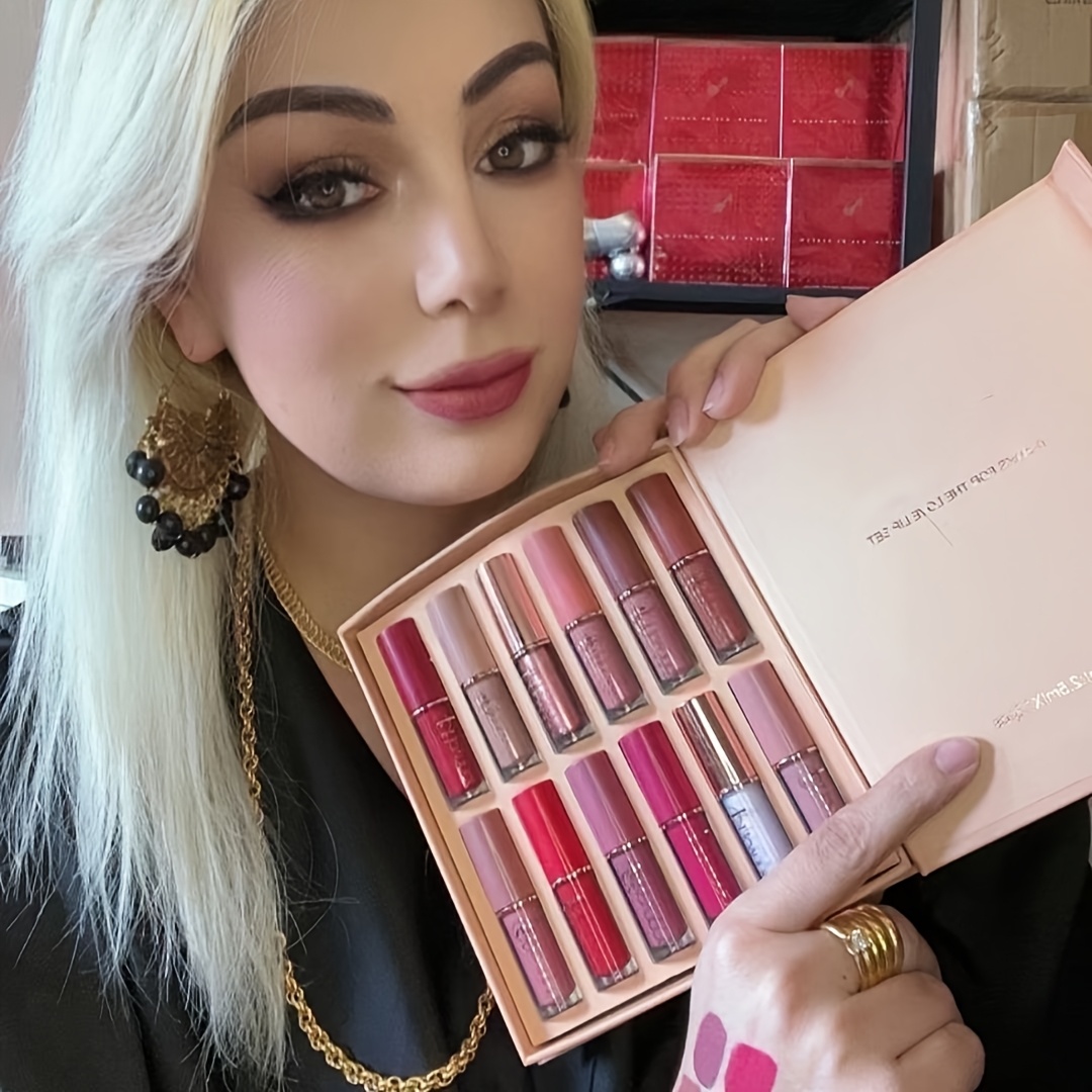 12pcs Velvet Matte Liquid Lipstick Set, Waterproof Long Lasting Quick-drying Non-Stick Cup Nude Lip Stain Kit, Up to 24H Wear, Lip Makeup Gift Kit for Women