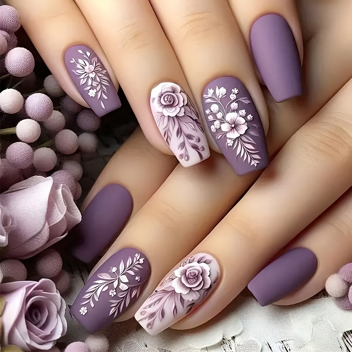 

24pcs Matte Ballet Coffin Press-on Nails, Middle Length, Purple & White Floral And Plant Pattern, Reusable False Nail Set For Women