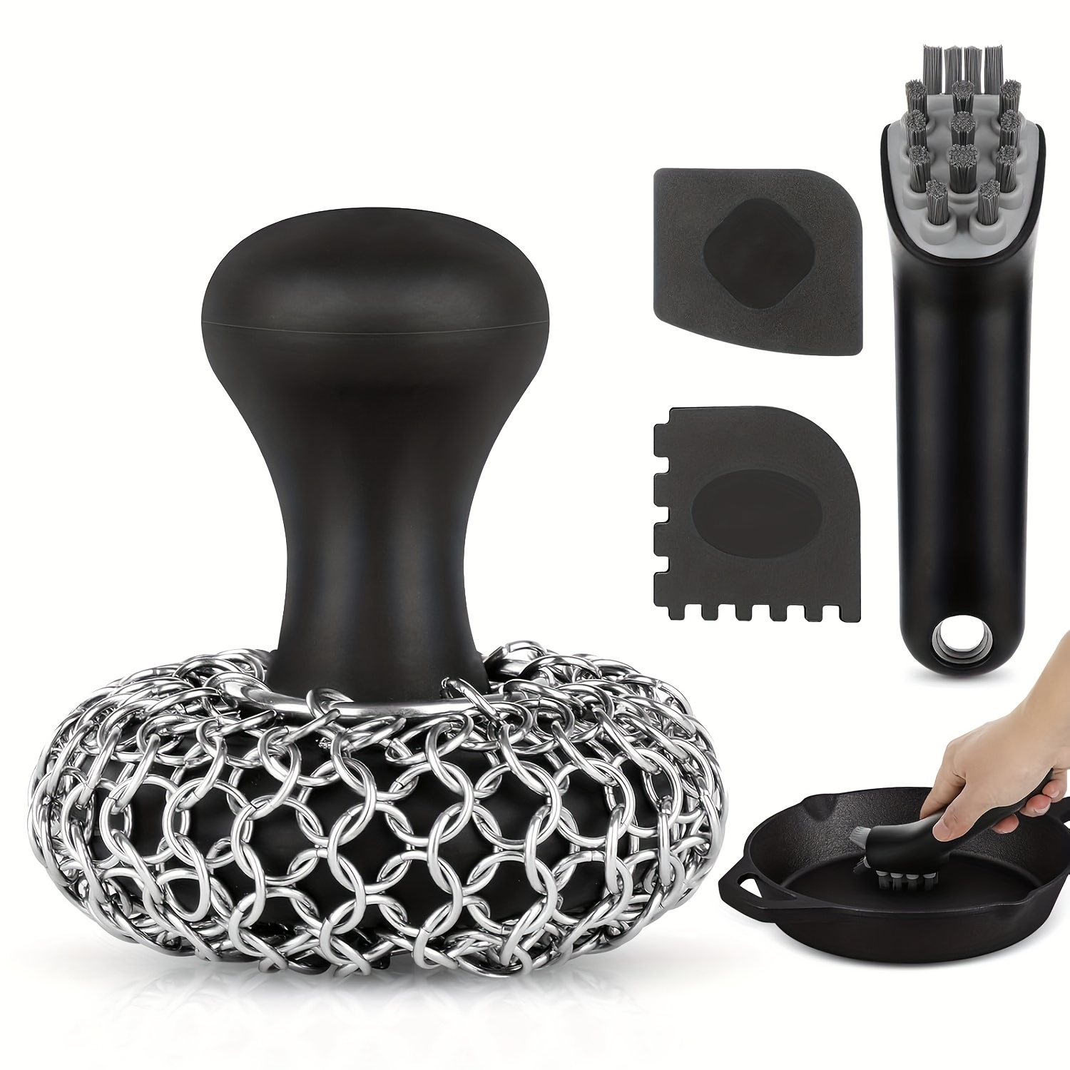 TEMU Cast Iron Cleaning Kit-includes Steel Chainmail Scrubber, Cleaning Brush, Pan And Grill Scrapers- For , Wok, Grill, Pre- Cookware