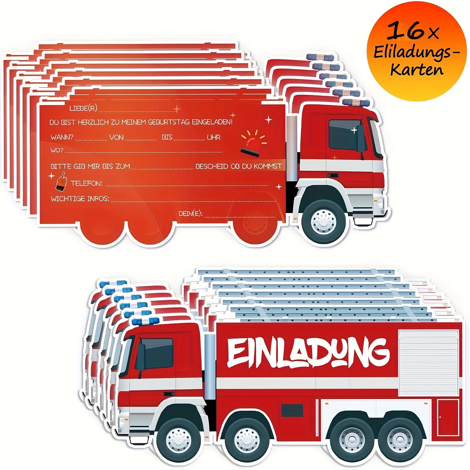 16pcs Fire Truck Boys Girls Birthday Invitation Cards - Fire Truck Invitation Cards, Boys Firefighter Party Holiday Invitations And Birthday Party Invitation Gifts