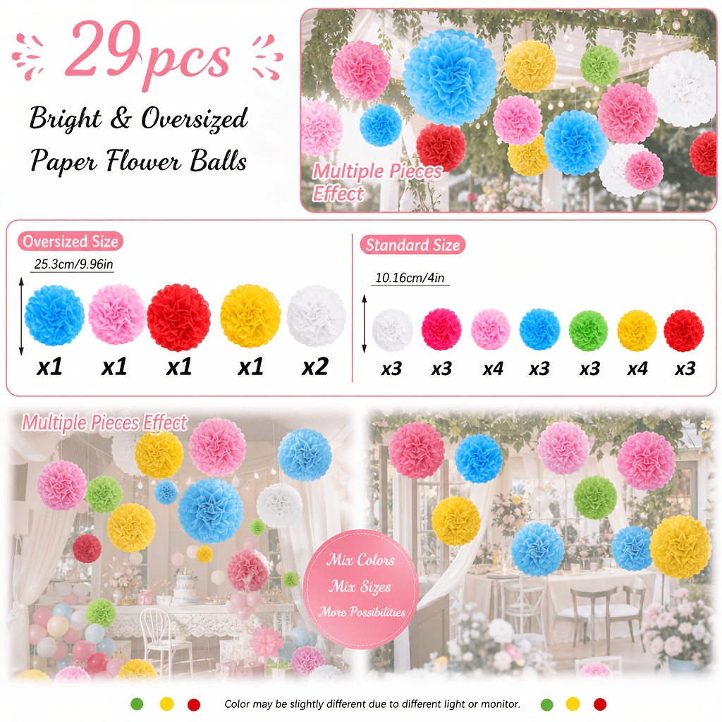 TEMU 29pcs Vibrant Oversized Paper Flower Balls Hanging Decorations, Mixed Balls Wedding Supplies, Birthday Party, Countryside Wedding, Graduation