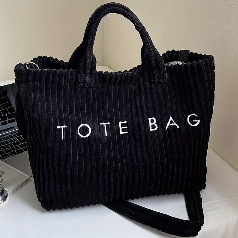 TEMU Ladies' Fashionable Solid Color Corduroy Large Capacity Tote Bag With Letter Pattern And Contrasting Design Adjustable Shoulder Strap Versatile