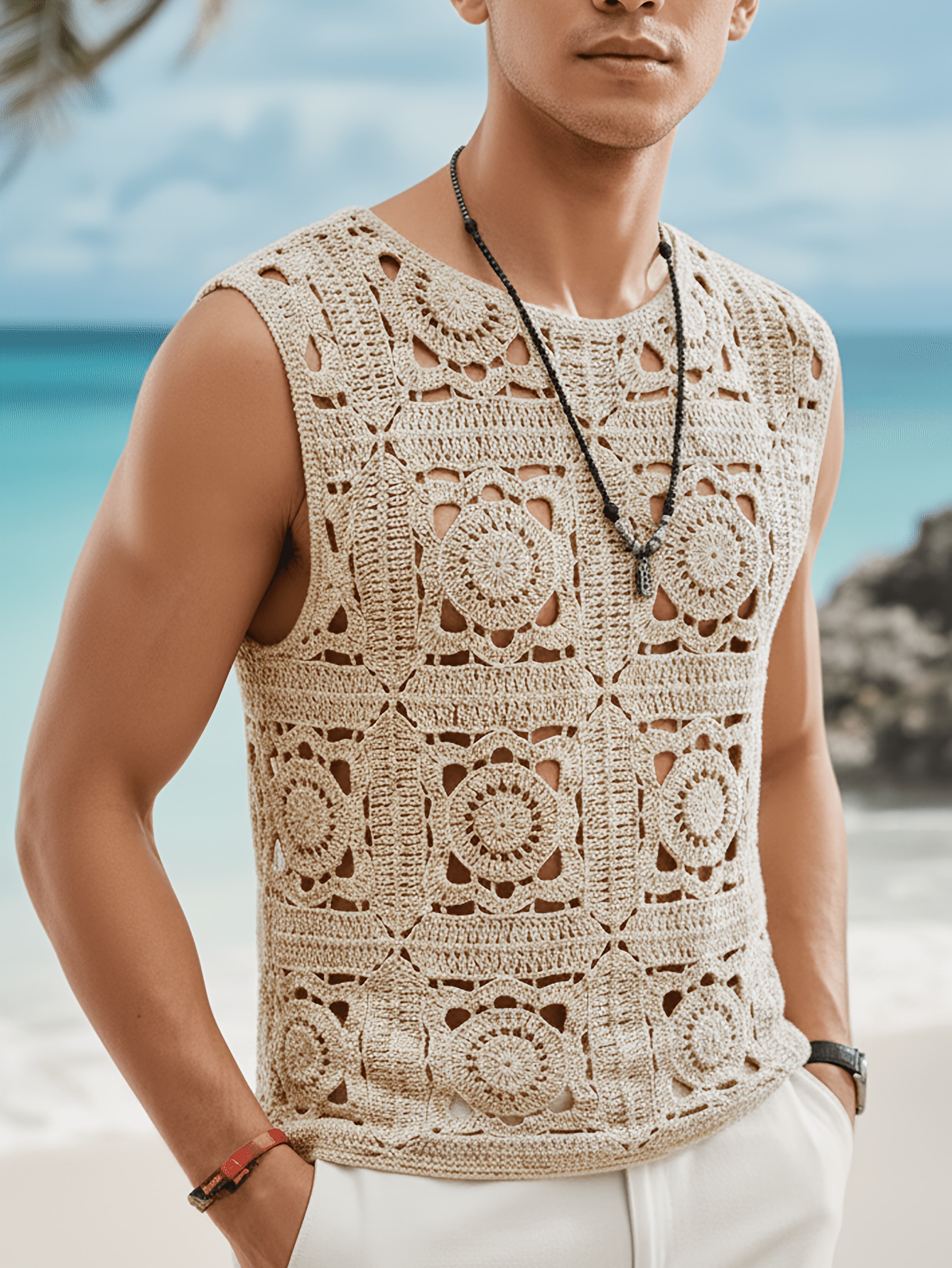 Summer New Men'S Fashion Hollow Knit Vest, Beach Vacation Style, Trendy And Versatile, Lightweight Breathable Quick-Dry Sleeveless T-Shirt, Essential for Fashion-Forward Men, Leading The Fashion Frontier!