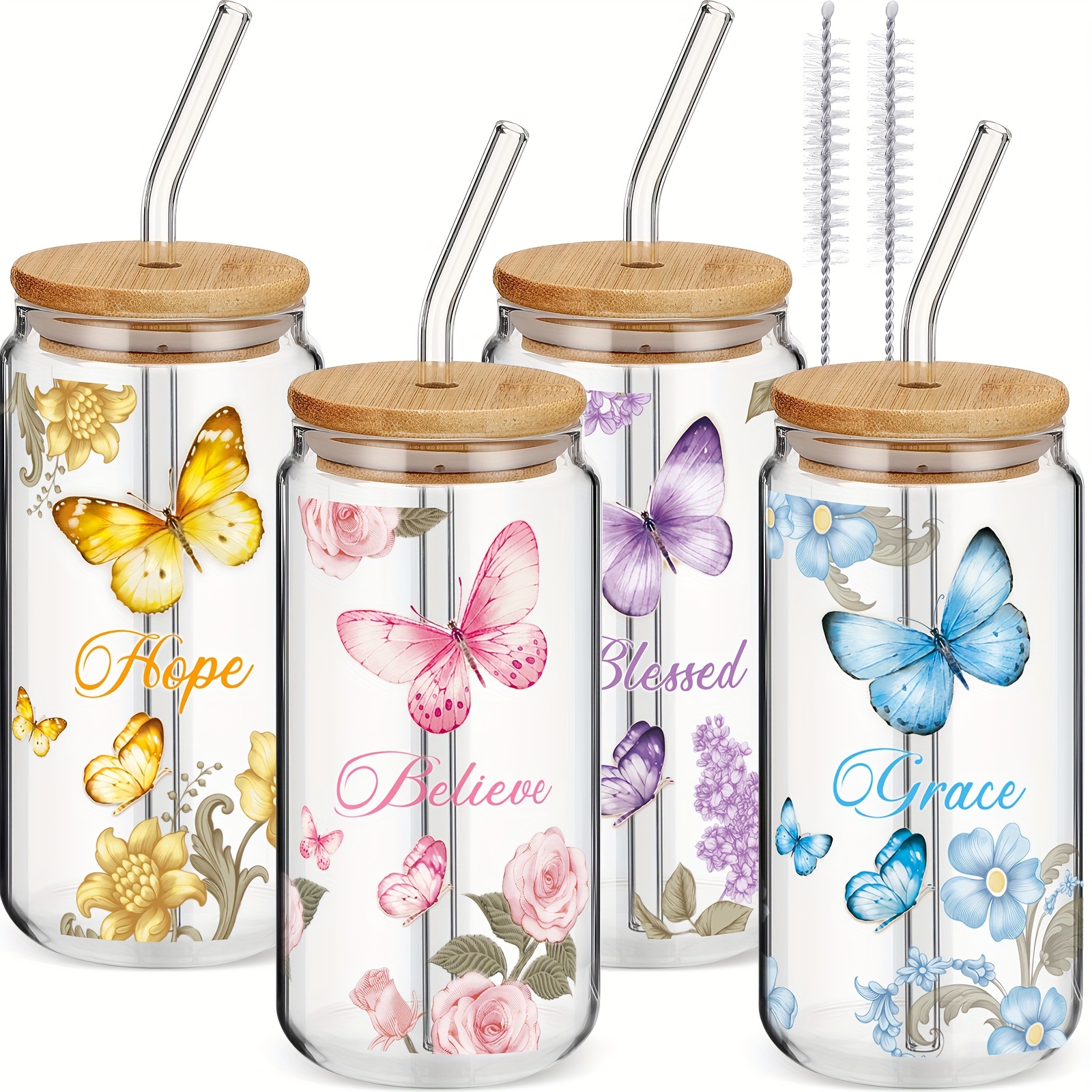 

4 Pcs 16 Oz Christian Glass Cup Cute Thank You Butterfly Iced Coffee Cup Back To School Drinking Glass Gift Flower Glasses With Lid Straw And Brush Employee Appreciation Gift For Teacher Nurse