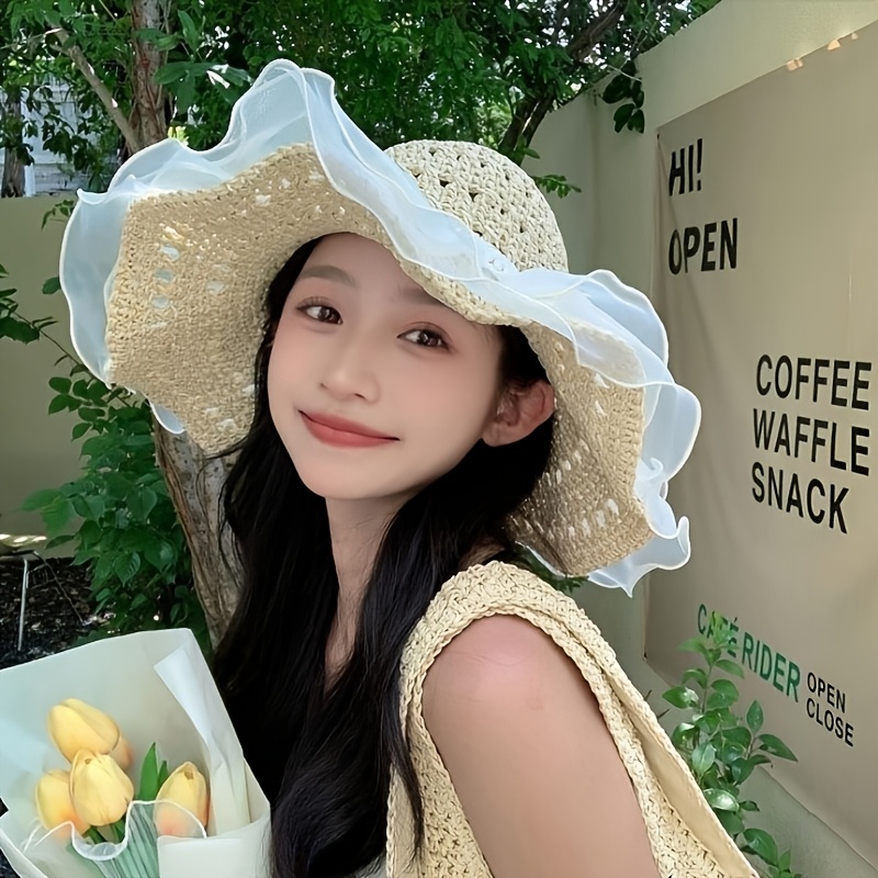 TEMU 여성용 프렌치 스타일 리본 장식 돔형 밀짚모자, 해변 휴가용