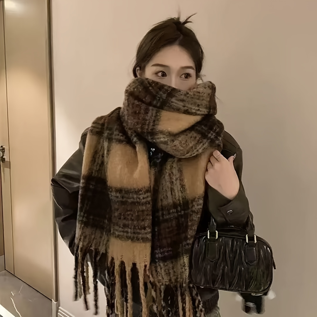 TEMU 1pc Écharpe à franges à carreaux pour femmes, grand châle et en , écharpe à carreaux épaisse et chaude pour et l'hiver, cravate rétro ,