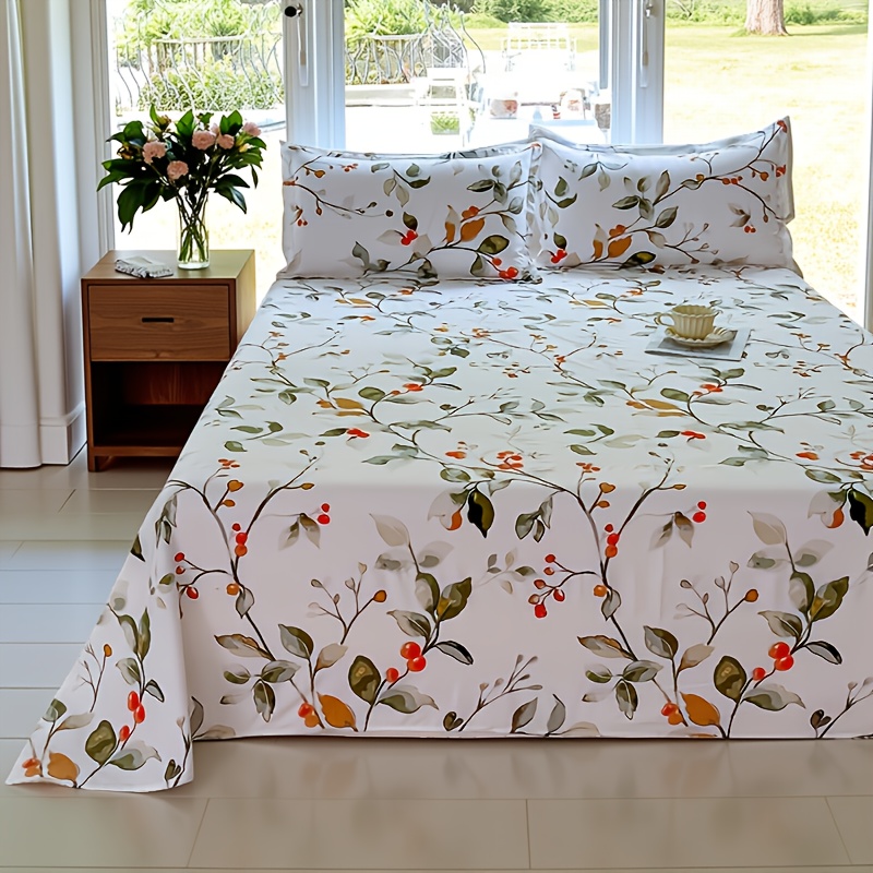 TEMU 1pc Bed Sheet, Branch And Leaf Plant Print Bed Sheet, Pillowcases Not Included