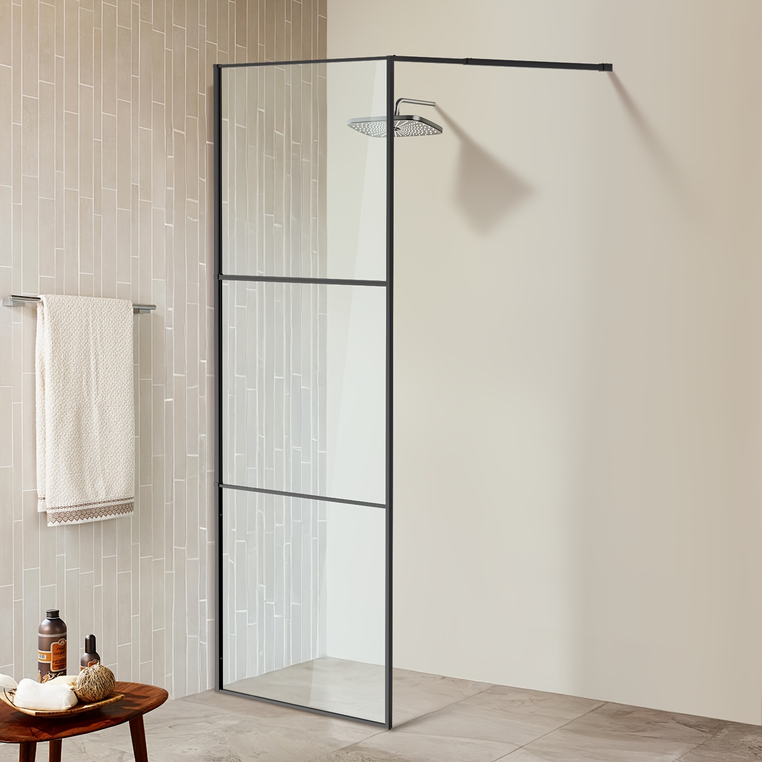 Image of Glass Shower Partition | 80x200cm, Polished Silvery/black Aluminium Frame + Clear Esg Glass | A Soft Visual Division Without Blocking Light; Suitable For Floor-mounted Or Base-mounted Installation