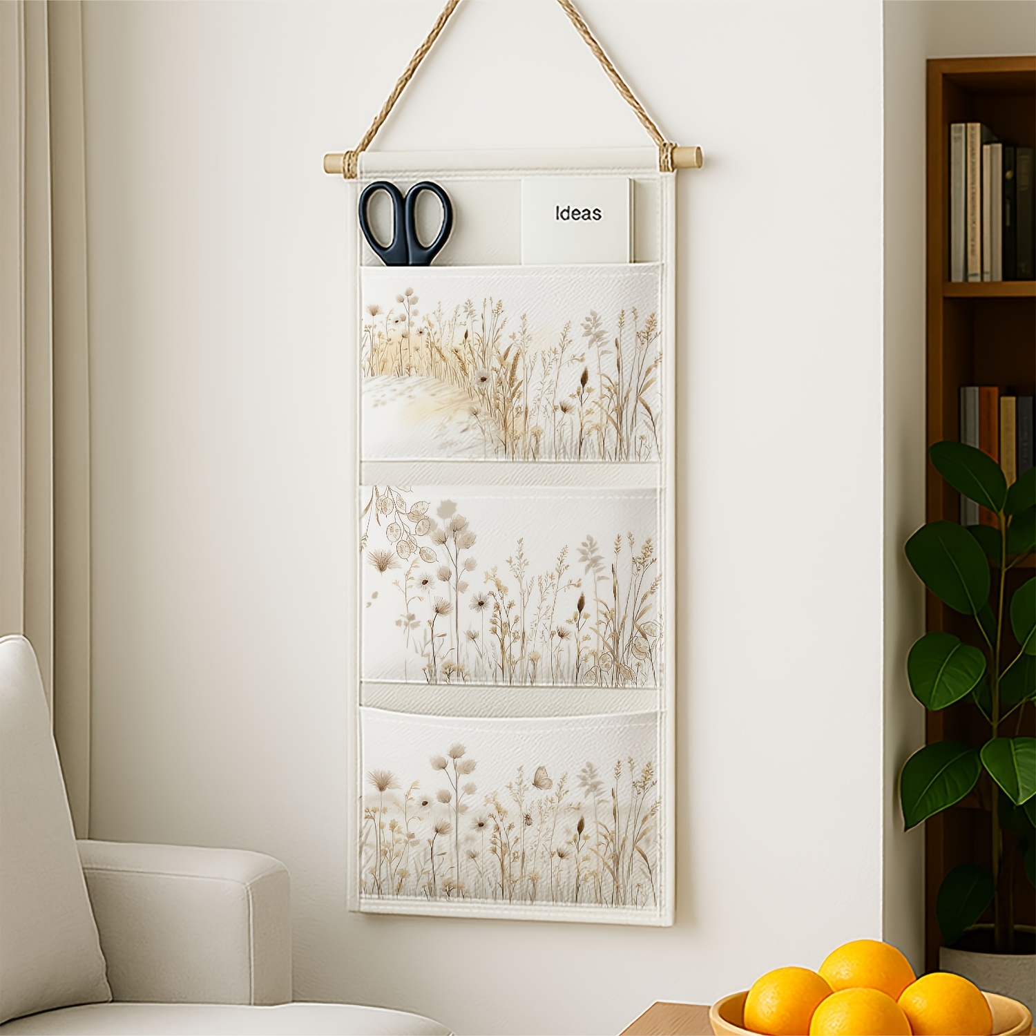 TEMU 1pc Minimalist Botanical Scandinavian Wall-mounted Storage Bag Grass Beige Soft Triple-layer Hanging, Foldable Design For Bedroom, Pantry,