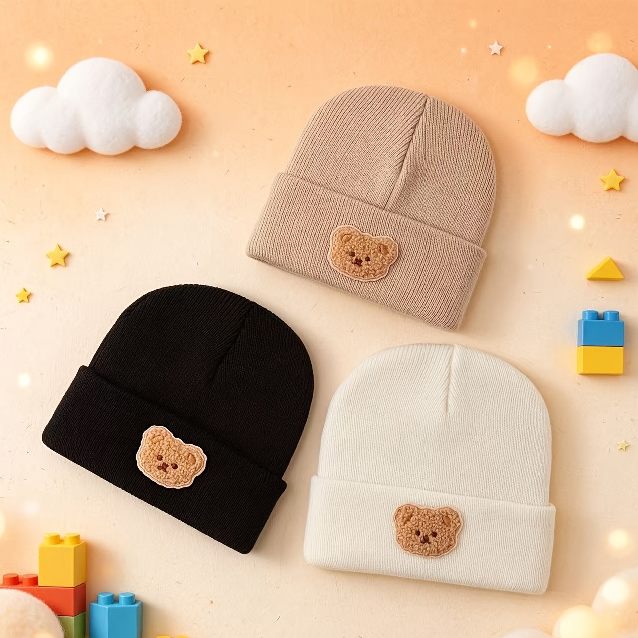 Image of 3pcs Towel Embroidered Bear Cute Animal Accessory Baby Knit Hat, Infant Outdoor -layer Thickened Brimless Cap, Kids' Hat, Holiday, Christmas Gift