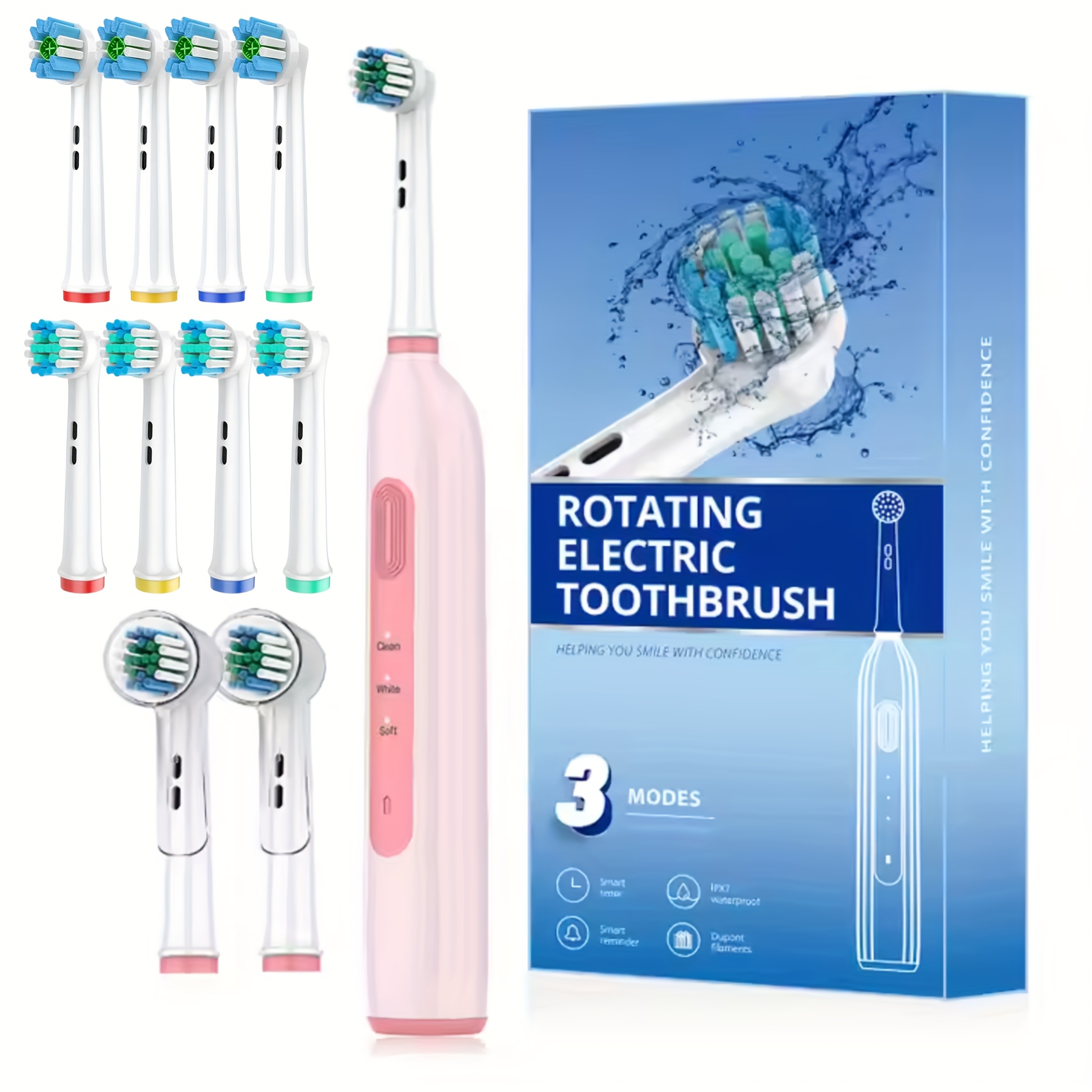 Powerful Rechargeable Electric Toothbrush- Compatible with Oral-B Brush Heads | Includes 10 Long-Lasting Replacement Heads | Ultra-Soft DuPont Bristles | 3 Cleaning Modes | USB-C Fast Charging | IPX7 Waterproof | Great Gift for Family or Travel
