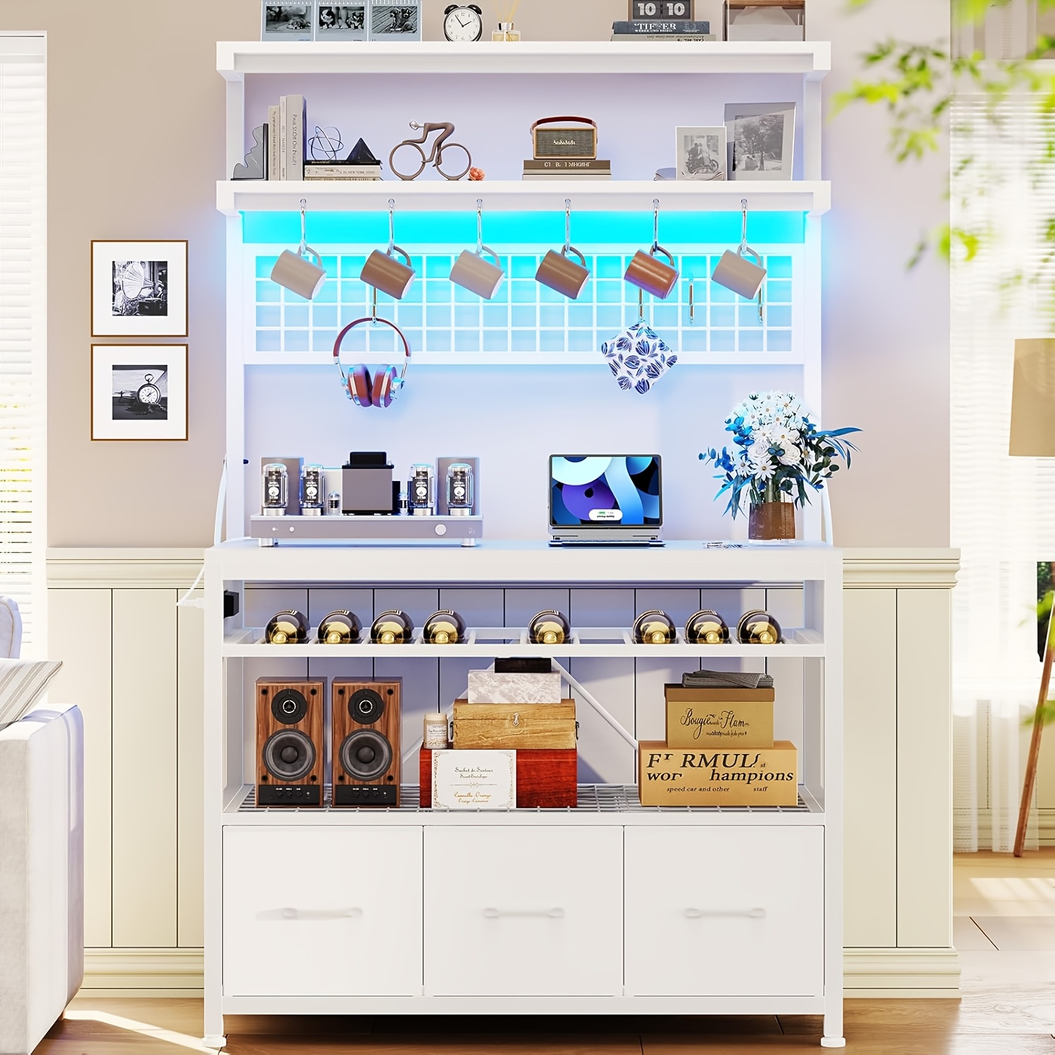 [Baker's Rack Outlet] Baker's Rack with Power Outlet, 6-Tier Microwave Rack with 3 Drawers, Wine Rack, LED Light And 10 Hooks, Kitchen Baker's Rack, Coffee Bar with Storage, Rustic Brown/Black/White