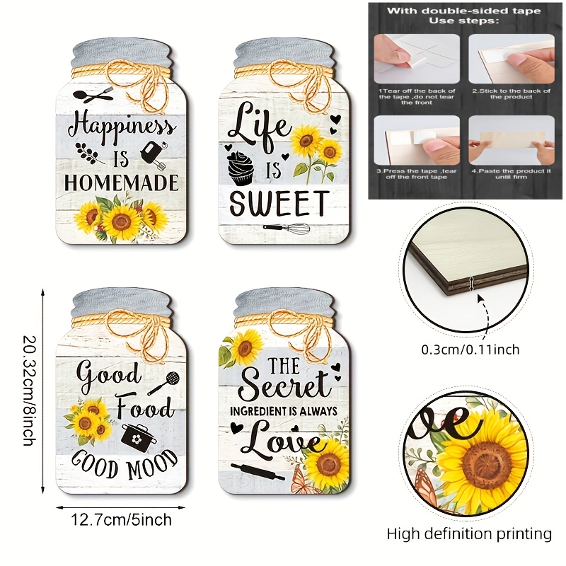 TEMU 2d Flat, 4pcs/set - 2d Flat Print Sunflower Kitchen Decor Wooden Signs, Wall Hanging, Aesthetic Country Style, 2d Flat