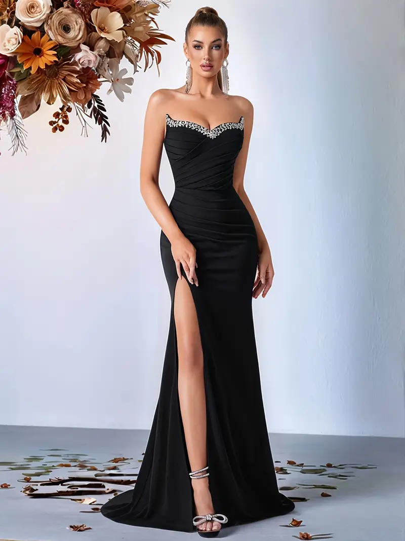 black v neck high side slit dress High Slit Deep V-Neck Black Party Dress M
