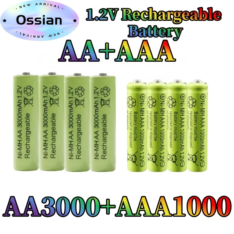 TEMU 4aa+4aaa Ossian 1.2v Rechargeable Aa Aaa Batteries Combo, 3000mah Aa Battery & 1000mah Aaa Battery, High Capacity Ni-mh Rechargeable Battery For