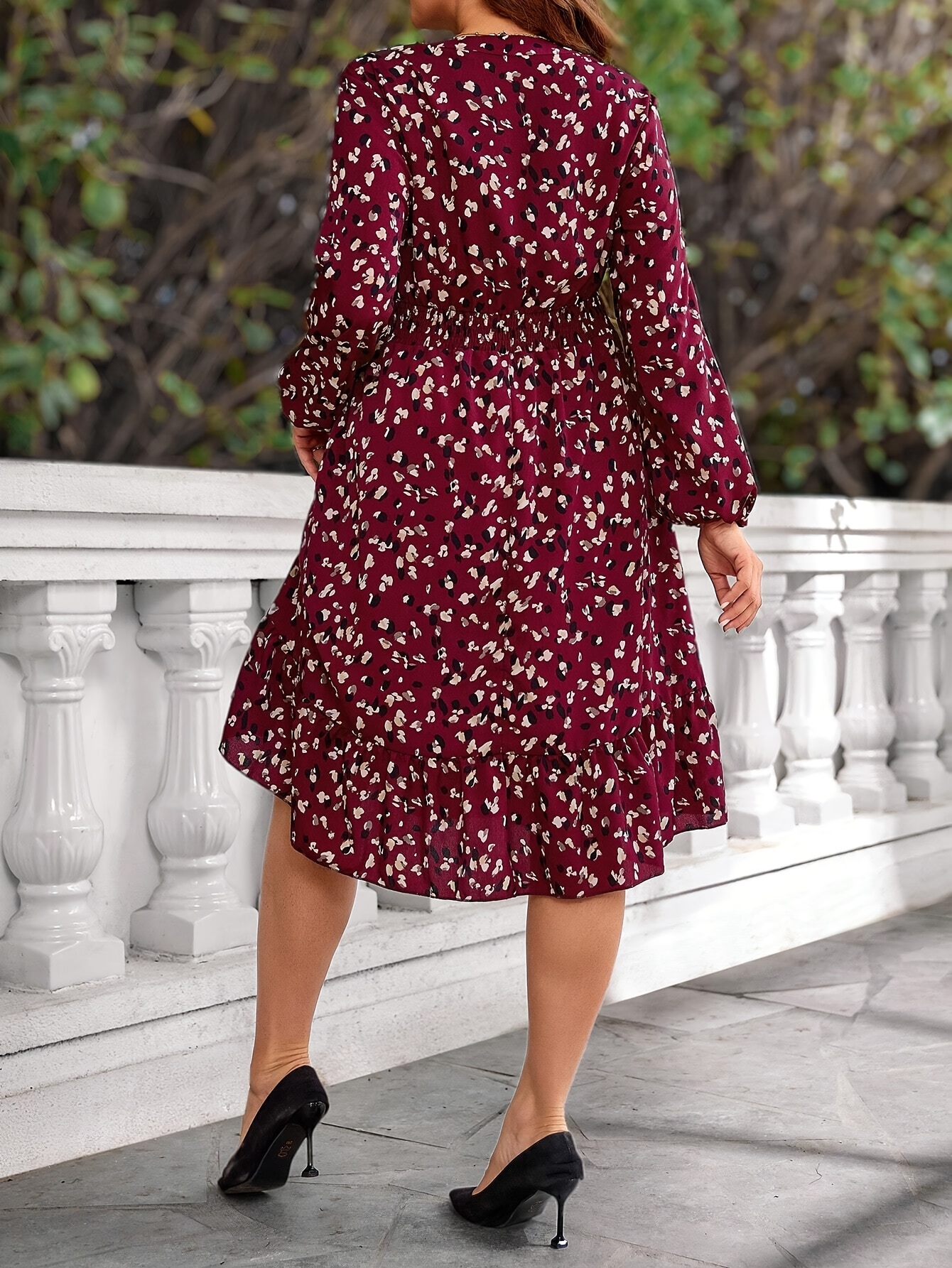 fitted polka dot dress Beige Polka Dot Charmeuse Long Sleeve V Neck Midi Dress