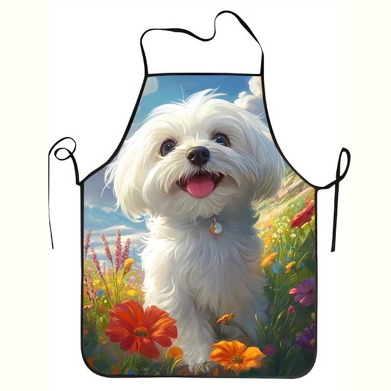 TEMU 1pc Cute White Maltese Dog Apron With Maltese Puppy Print - Durable Easy-clean Apron Suitable For , Restaurants, Food Trucks - Accessory For Pet