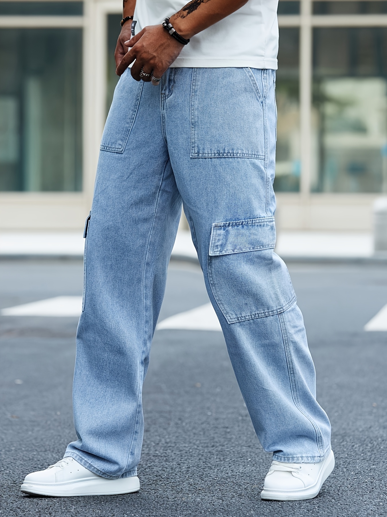 *'S Loose Fit Washed Denim Jeans with Multiple Pockets Casual Wide-Leg  Pants, Non-Stretch Fabric White Sneakers Included, All
