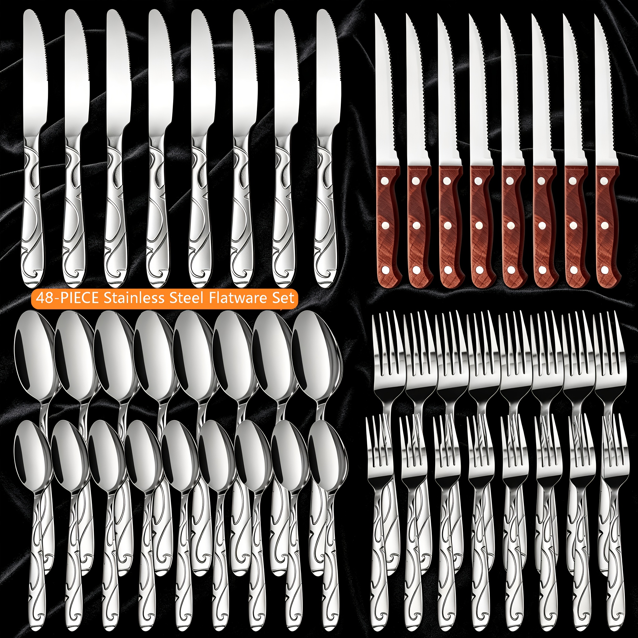 TEMU Wodillo 120pcs Set Of 304 Stainless Steel Tableware, Including Knives, Forks, Spoons, Andsteak Knives, Suitable For Kitchen, Dining, Home, And