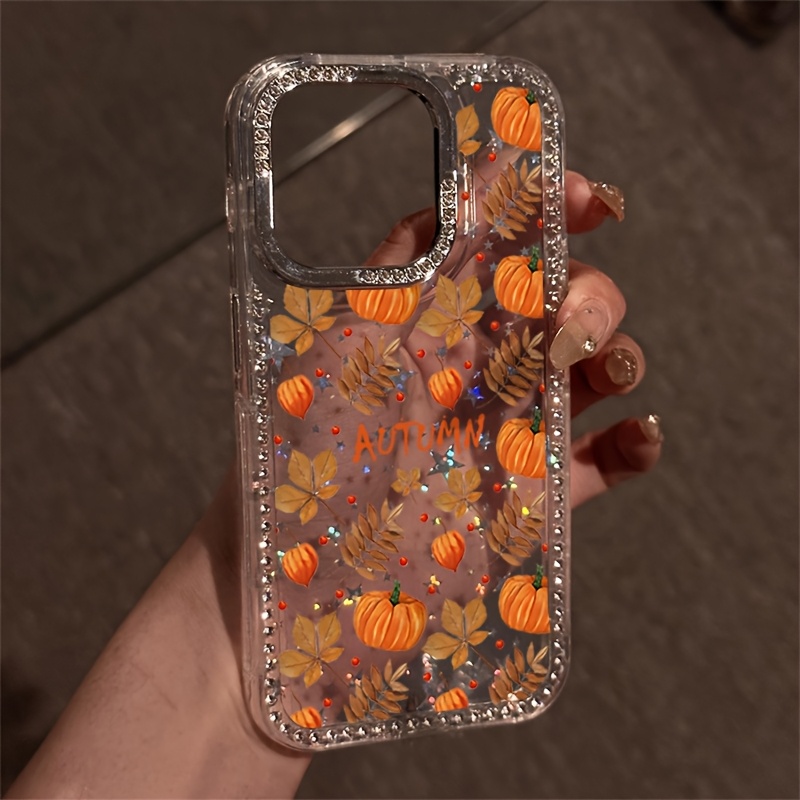 TEMU Phone Case - Luxurious Autumn Pumpkin Leaf Phone Case With Sparkling Rhinestone Border, Transparent , Shockproof Case Suitable For Iphone 17 Pro
