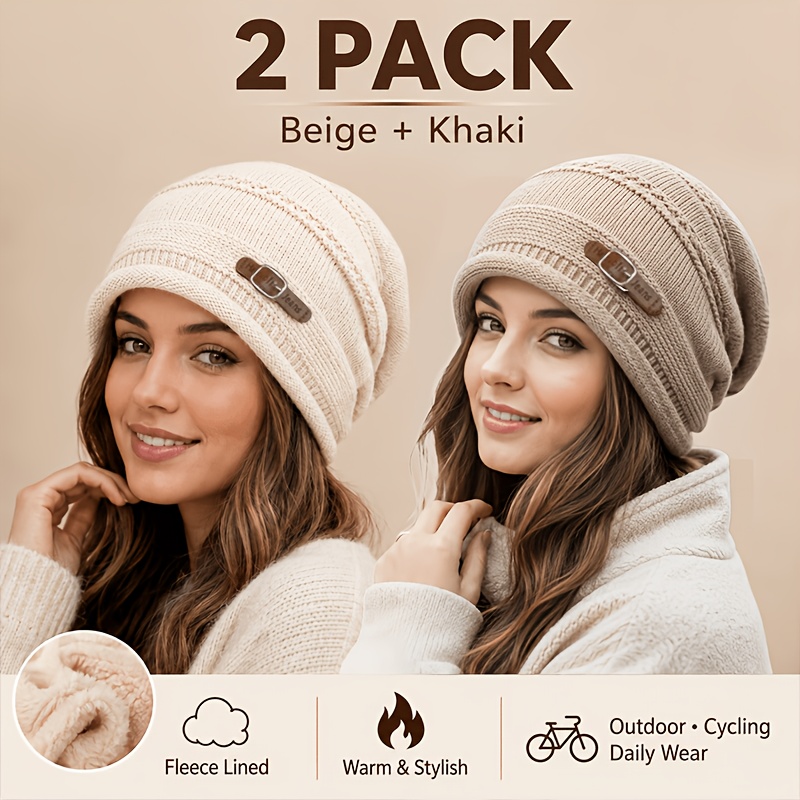 TEMU 2pcs Women's Fleece Lined Slouchy Beanie Hat, Thick Warm Winter Cap, Stretchy Hat For Cycling Daily Outdoor, Perfect Gift For Ladies