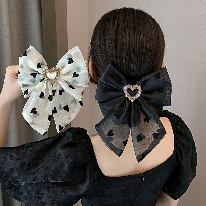 

Elegant Lace Bow Hair Clip With Rhinestone Detail, Sweet Style Bowtie-shaped Spring Barrette For Women, Chic Bow Print Solid Color Hair Accessory - Single Piece, Suitable For Ages 14+