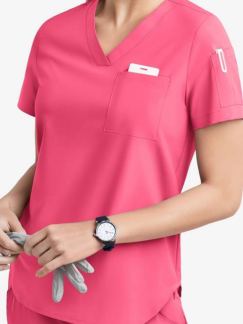 womens vibrant pink v neck scrub top with pockets comfortable short sleeve regular season uniform shirt for healthcare professionals casual workwear functional design