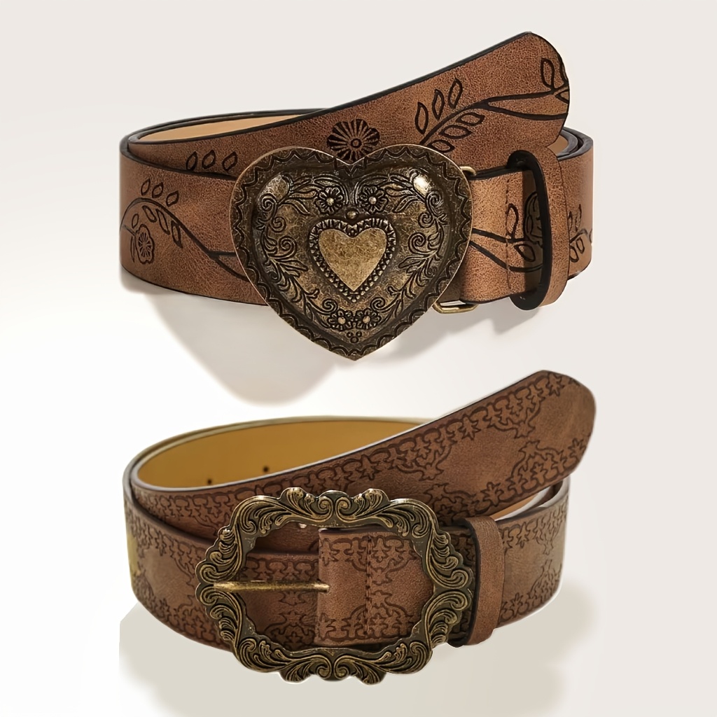 TEMU A Two-piece Set Of Women's Stylish Belts Featuring Vintage Bohemian Heart Embossing And Western Prints, Suitable For Pants And Dresses, Perfect