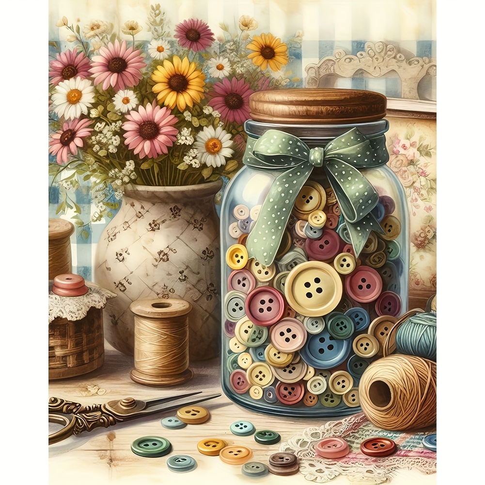 

Diy 5d Diamond Painting Kit - Floral Vase Button Jar Theme - Round Acrylic Diamonds Embroidery Cross Stitch Wall Art Craft - Includes 1pc 30x40cm Canvas For Home Decor & Gift