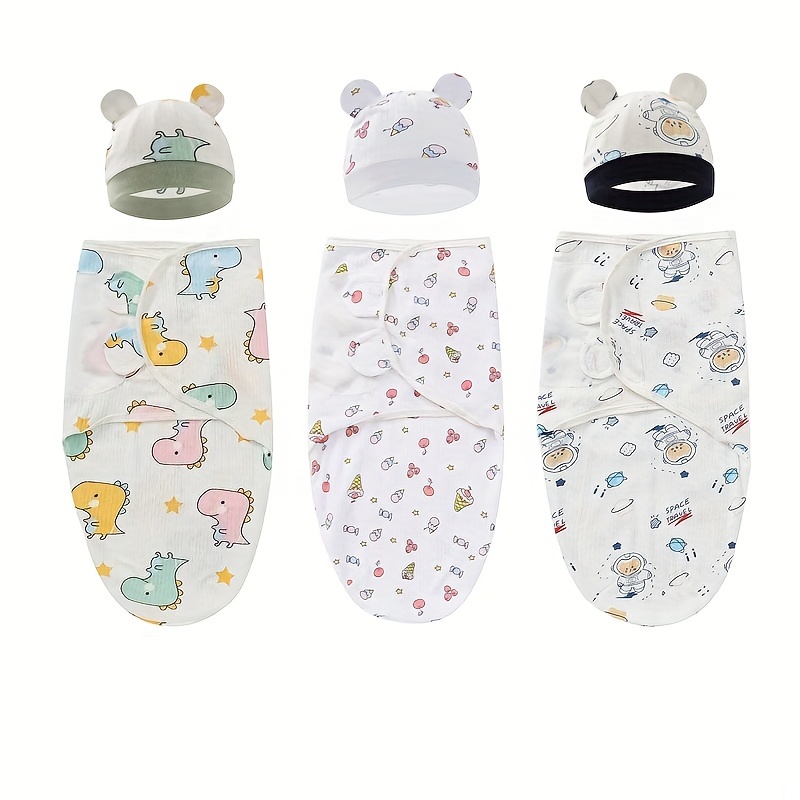 

2pcs Newborn Cotton Unisex Baby Swaddling Blanket With Cute Beanie Set, Anti-startle Bundle, For 0-6 Months