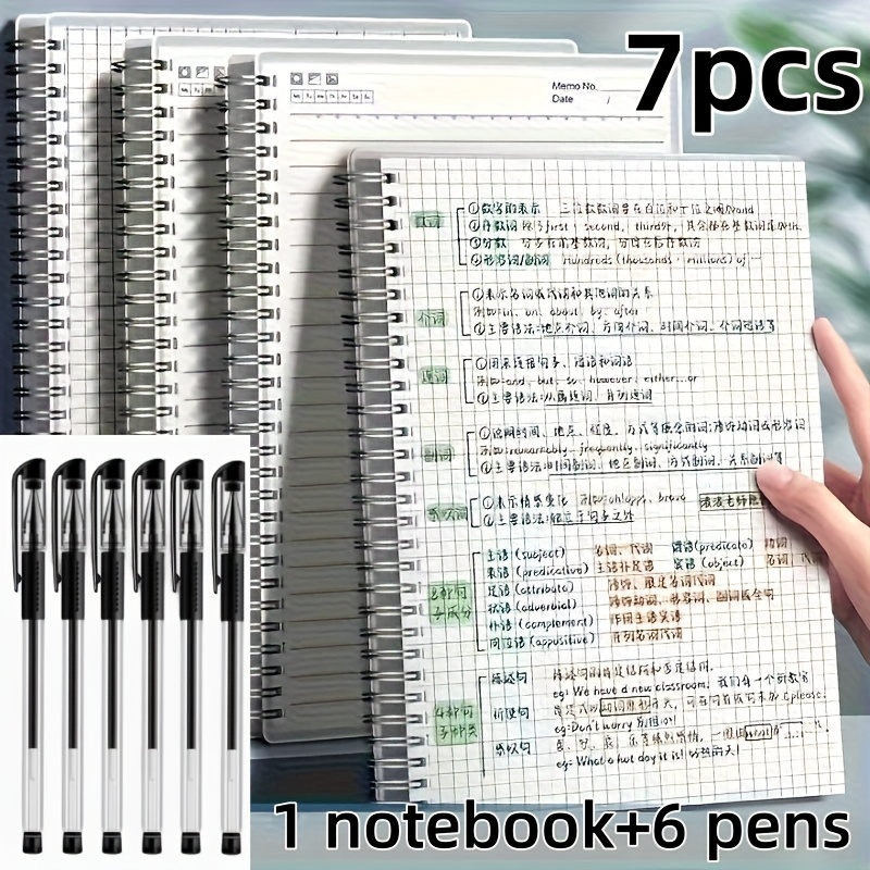 Image of 7pcs Notebook Set (including 1 Notebook And 6 Pens), A 160 Page A5 Grid Notebook With 80 Sheets, Suitable For Office, Note Taking, Sketching, Drafting, Painting, And Writing Supplies