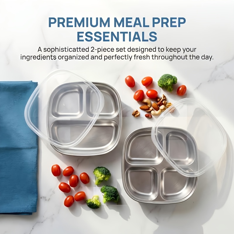 1 stainless steel divided plate with lid 3 4 compartment portion control plate square food serving tray suitable for   and outdoor use