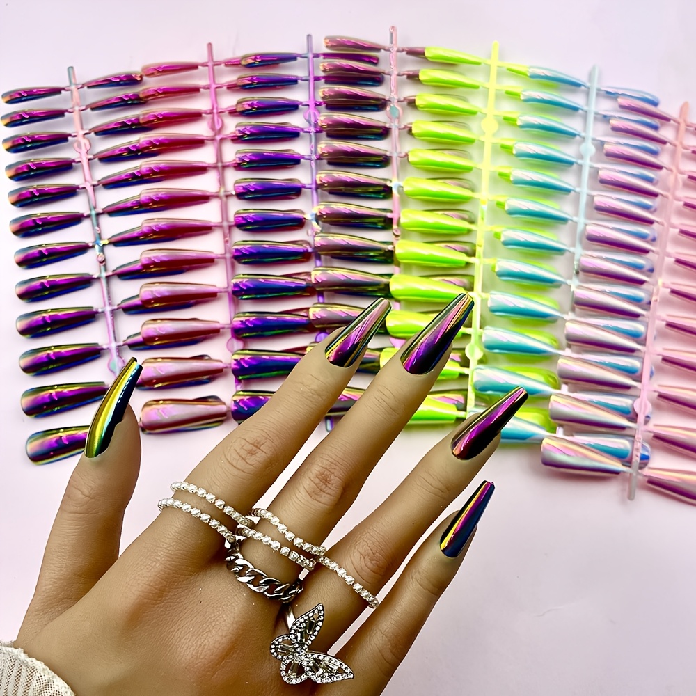 TEMU 7- And Match Colorful Nail Sheets Super Long Mirror Long Ballet Nails Flashing Boutique Fashion Cool Personality Long T-shaped False Nail