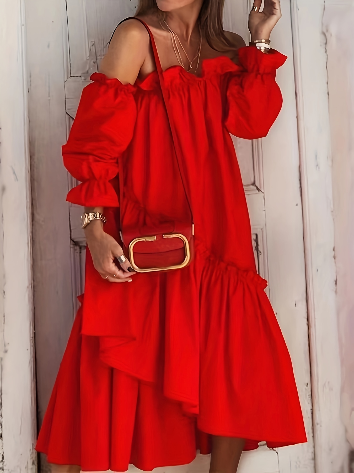 elegant shoulder red maxi dress women chic loose fit long Temu