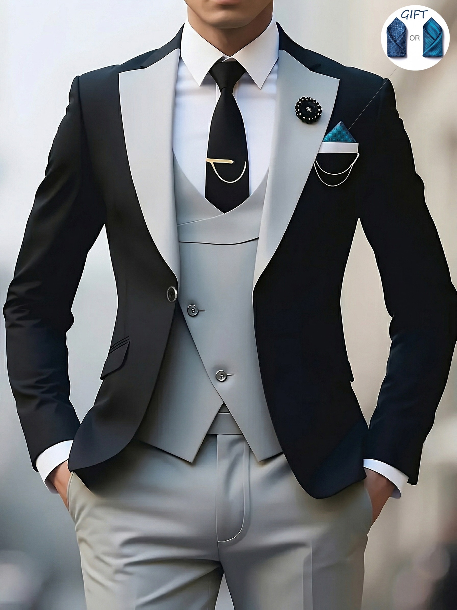 Ensemble costume élégant 3 pièces pour homme - Costume et pantalon coupe ajustée pour mariages et occasions formelles, convient pour réunions de bureau et événements élégants, tenue de cérémonie | Costume coupe ajustée | Costume de mariage durable. Inclut un mouchoir de poche à motif aléatoire.