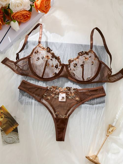 gothic style, braunes damen-dessous-set mit floralem stickerei, bestehend aus einem, durchgehenden bh mit bügel und string, verführerisches mesh-bh- und slip-ensemble, für dates oder partys