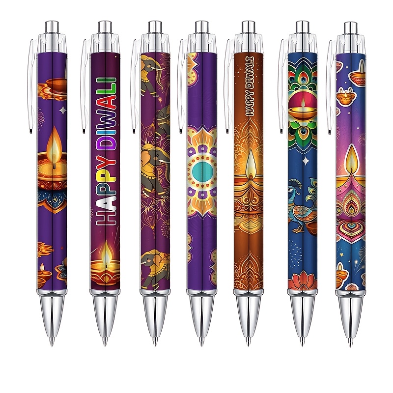 TEMU 7pcs Happy Diwali Pen Set, Ballpoint Pens With Diya, & Lotus Design, Smooth Black Ink, Ideal For Diwali Gifts, Return Gifts, Party Favors, And