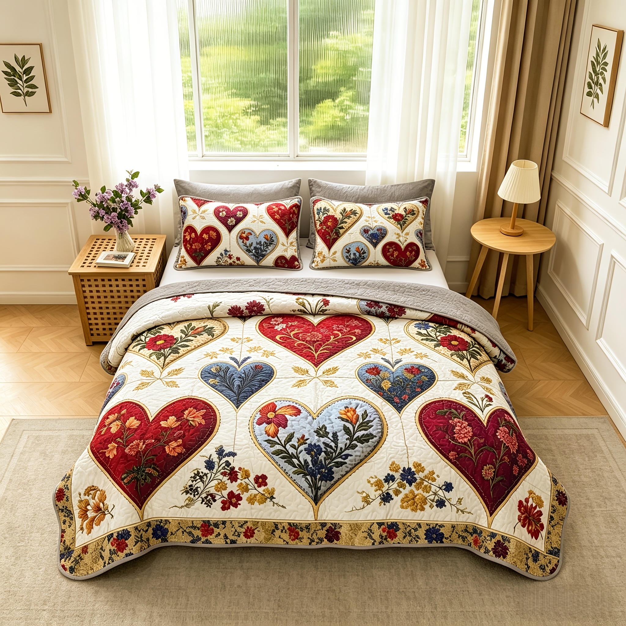 TEMU 3pcs Vintage Heart Floral Quilt Set, Reversible Quilted Bedspread For All Season
