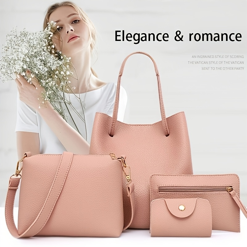 

4pcs Elegant Leather Handbag Set - Solid Color, Texture, Fashion Shoulder Backpack And Crossbody Bag, With Magnetic , Polyester , Lightweight, Hand Wash