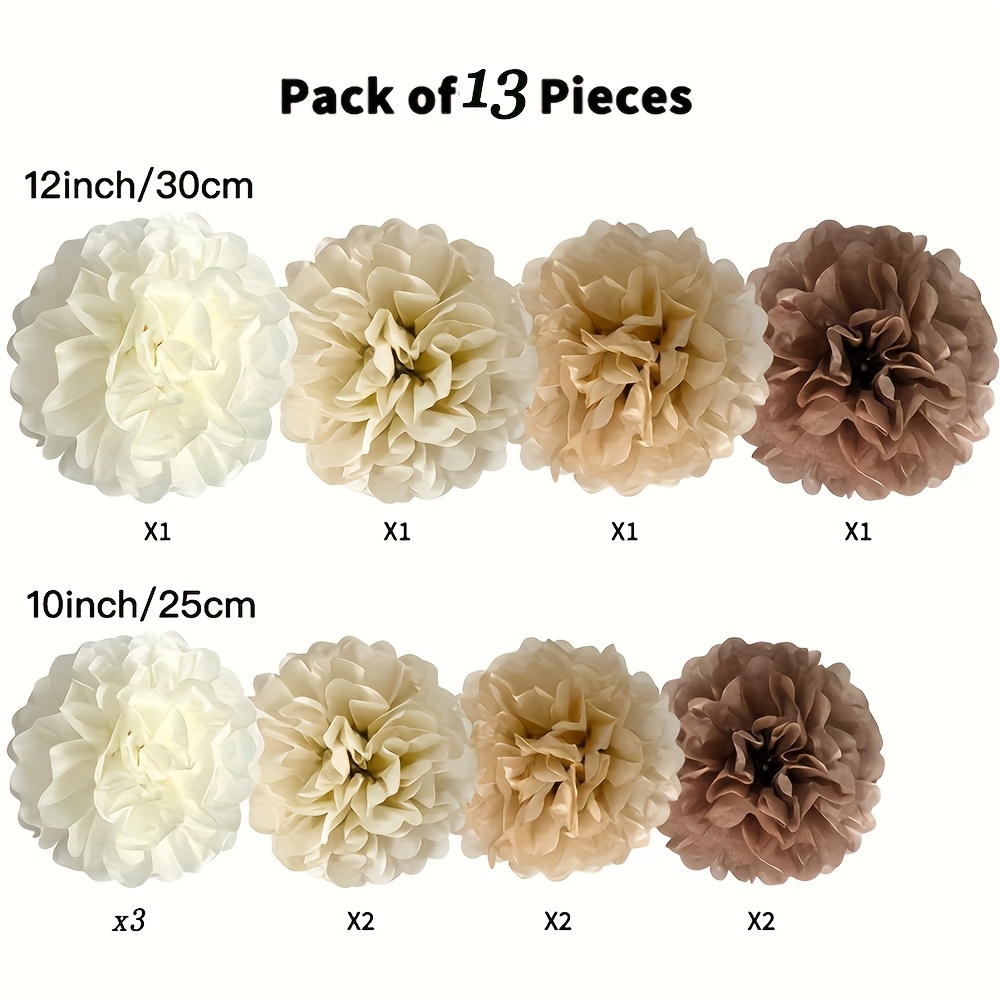 Image of 13pcs Paper Pom-poms | Bohemian Style (khaki, Coffee, Ivory, Beige) | Layered Petals, Soft Texture | For Party, Wedding & Rustic Wreath Decor