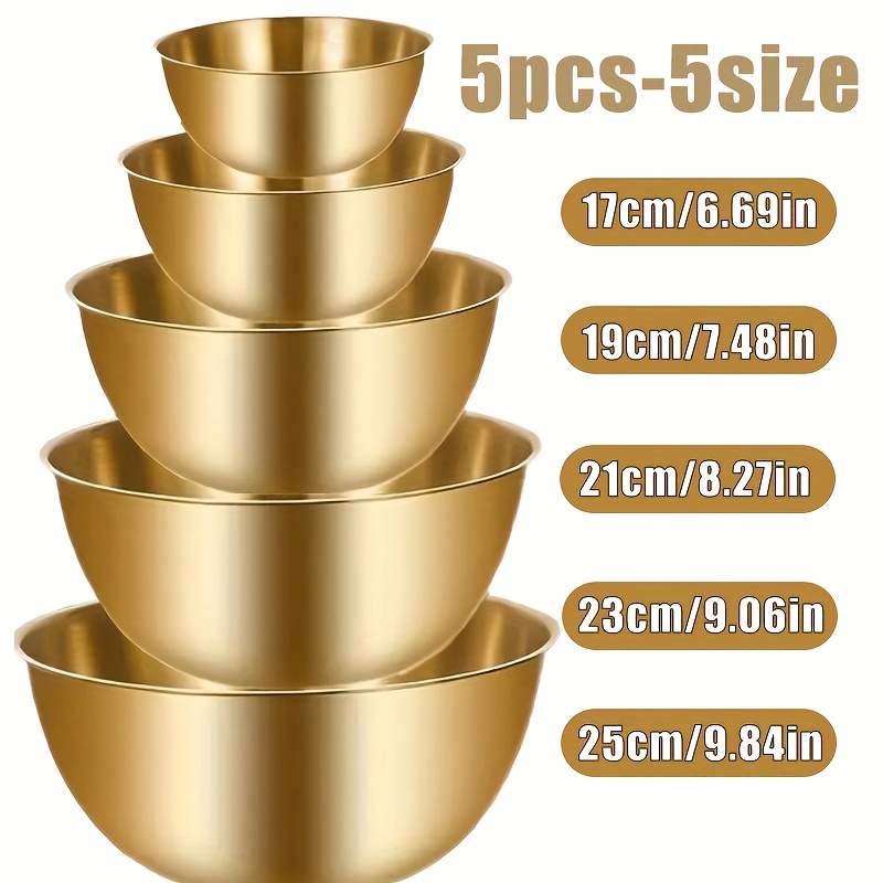 5pcs Stainless Steel Golden Bowls, With Measurement Marks, Large Capacity Mixing Bowls Fruit Bowls Snack Bowls, Washing Storage , Hotel Kitchen Restaurant School Cafeteria Kitchen Tools
